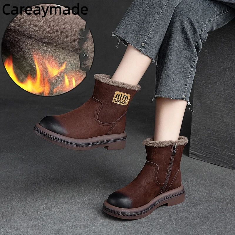 Careaymade-Natural Genuine Leather Ankle Boots Soft Soled Flats Booties Autumn Women Chunky Cow Suede Comfy Spring Rubber Shoes