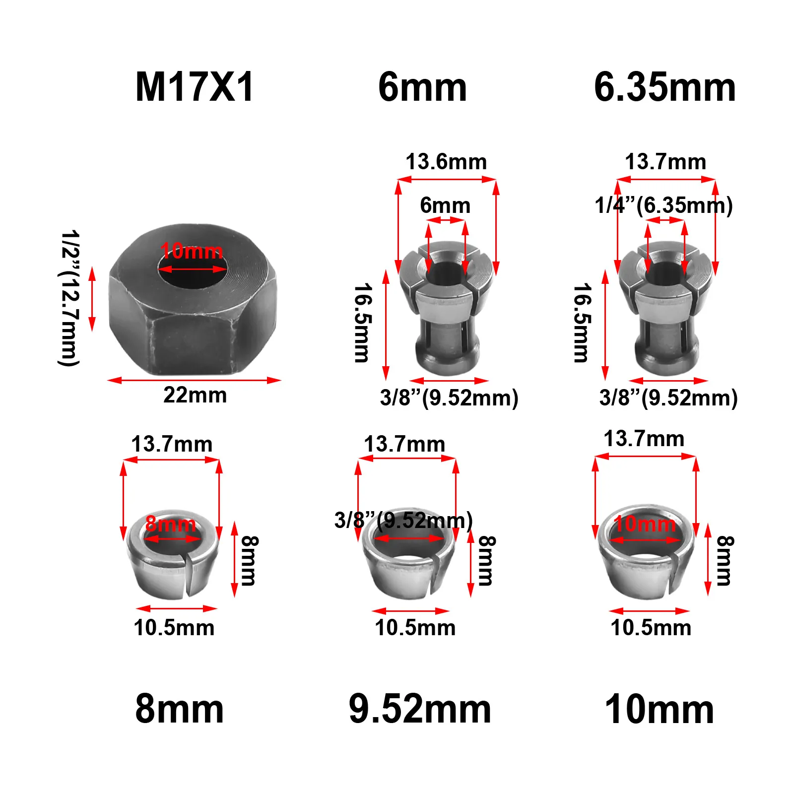 6pcs M17 Collet Chuck Adapter Set With Nut For Electric Router Engraving Trimming Machine Milling Woodworking Tools