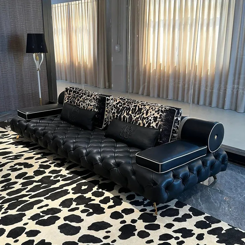 *Exclusive Custom Italian Sofa Luxury Black Leather with Stainless Steel Legs Italian Designer Crafted for Elegant Villa Setting
