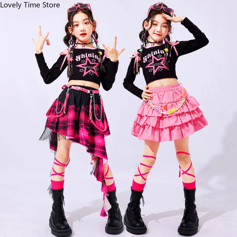 K-pop Girls Sweet Crop Top Street Dance Cargo Pants Ripped Jeans Kids Hip Hop Streetwear Skirts Jazz Costumes Child Clothes Sets