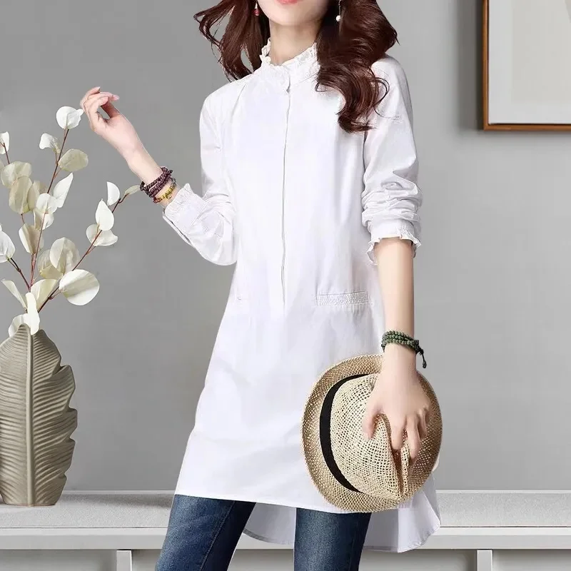 Stand Collar Shirts Dress Women\'s Cotton Spring Long Sleeved Blouse New Female Korean Fungus Edge Mid-length Pullover Top