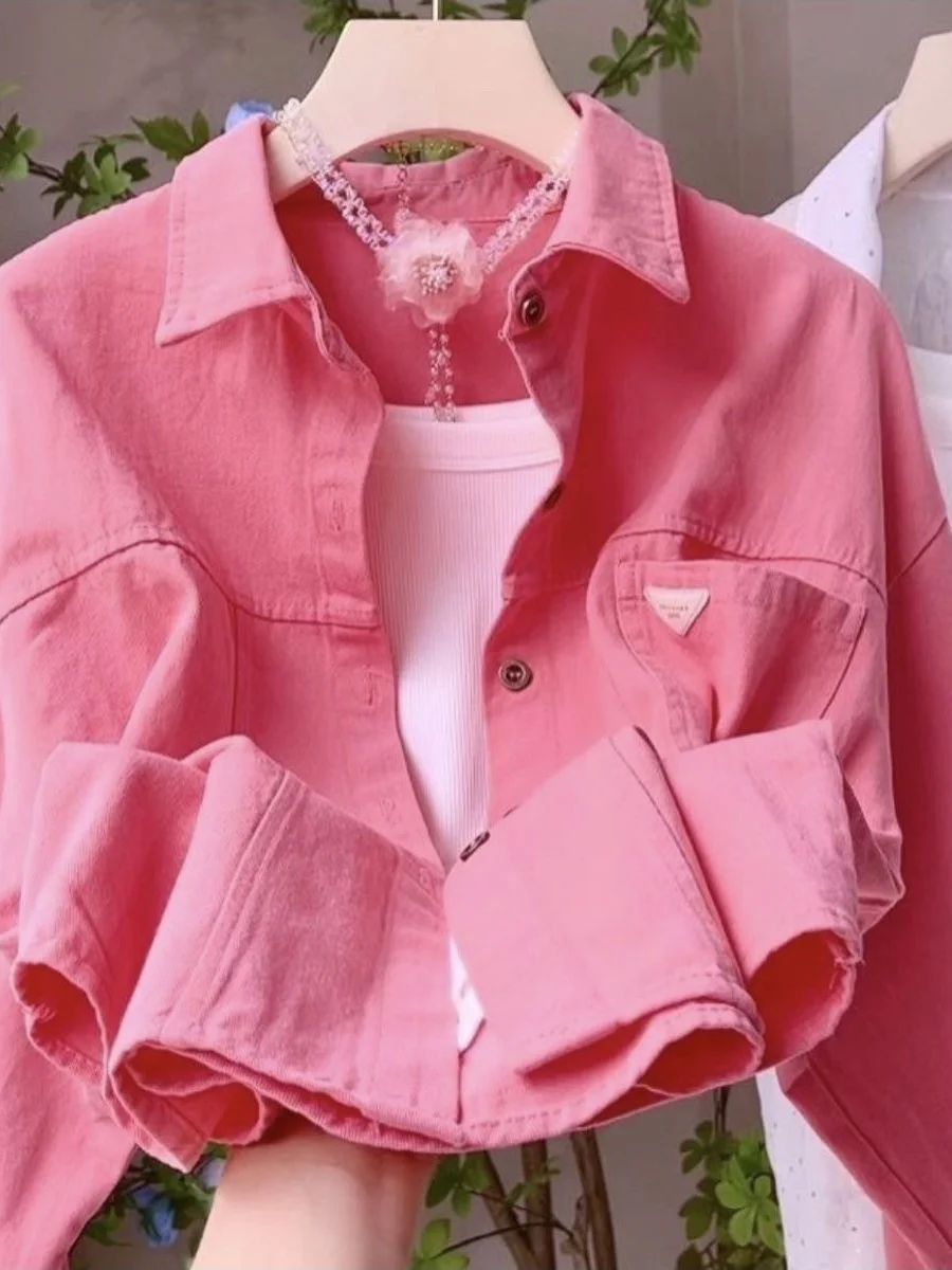 

Casual Cotton Candy Colored Short Pure Cotton Jacket Loose Fit Versatile Spring Autumn Women's Shirt Moisture Wicking Long Sl...