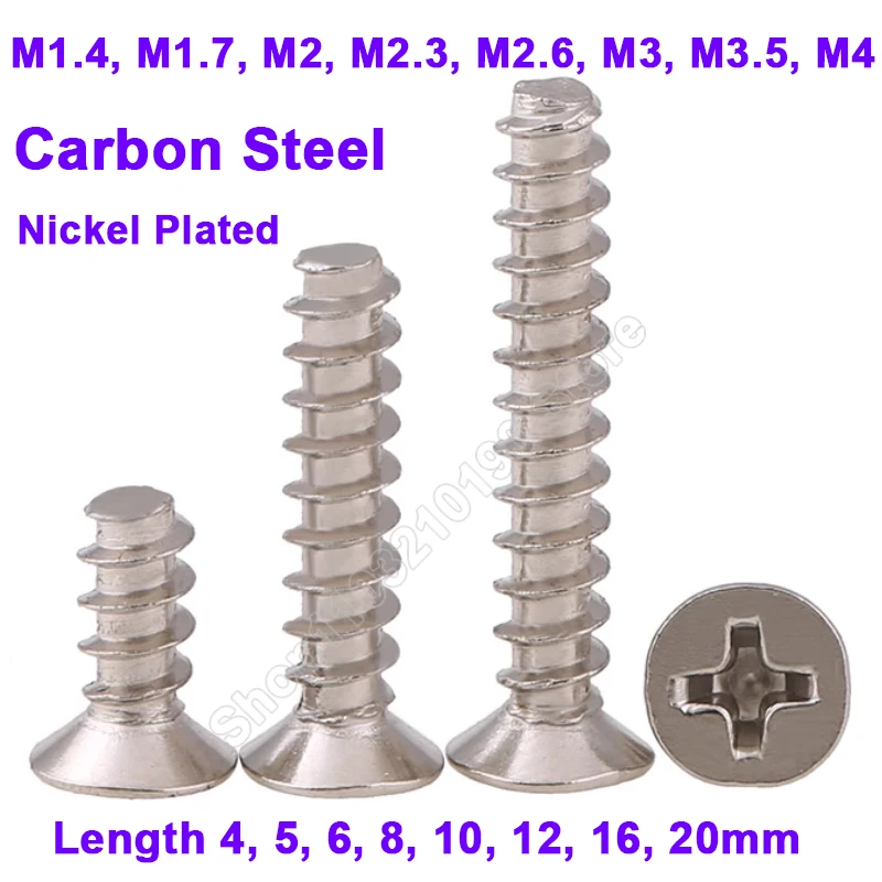 

M1.4,M1.7,M2,M2.3,M2.6,M3,M3.5,M4 Micro Small Cross Phillips Countersunk Flat Head Flat Tail Self Tapping Screws Nickel-plated