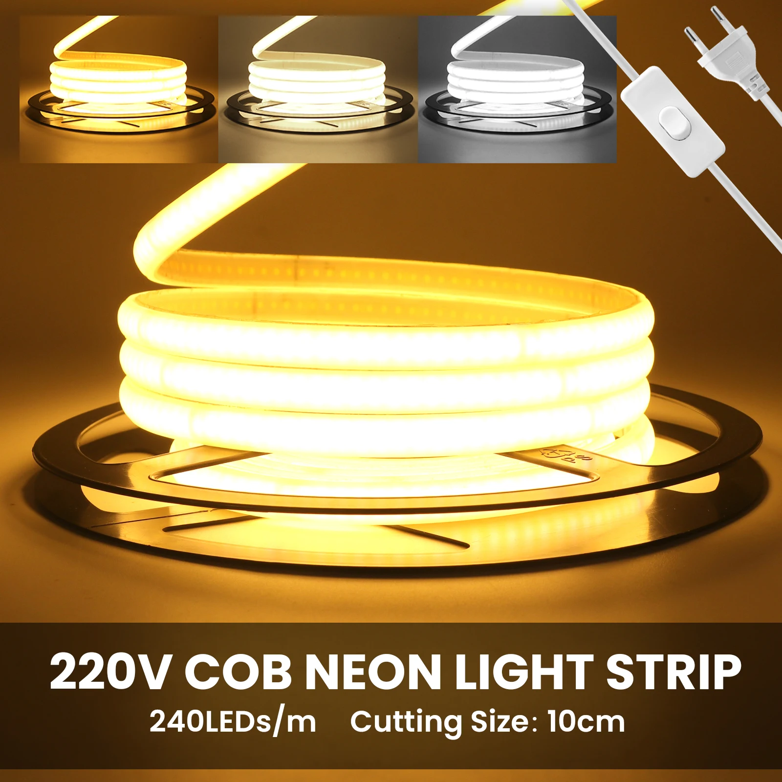 220V COB LED Strip Light High Bright 240LEDs/m EU UK Plug With ON OFF Neon Led Strip Waterproof Outdoor Garden 3000K 4000K 6000K