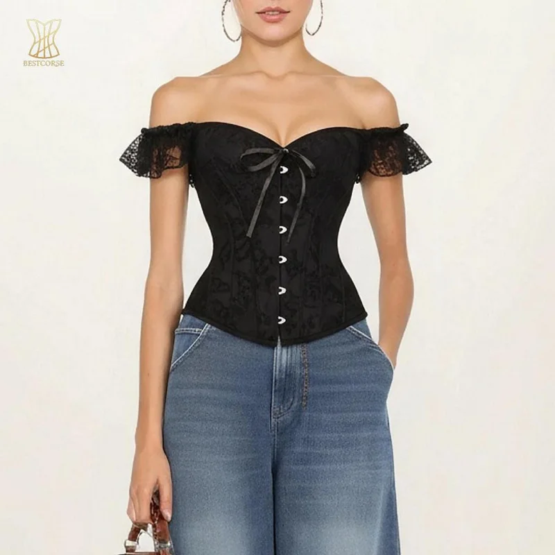 

XS Plus size lace Vintage corset top with Sleeves Floral pattern Black korset Bustier waist shaper tummy control for Halloween