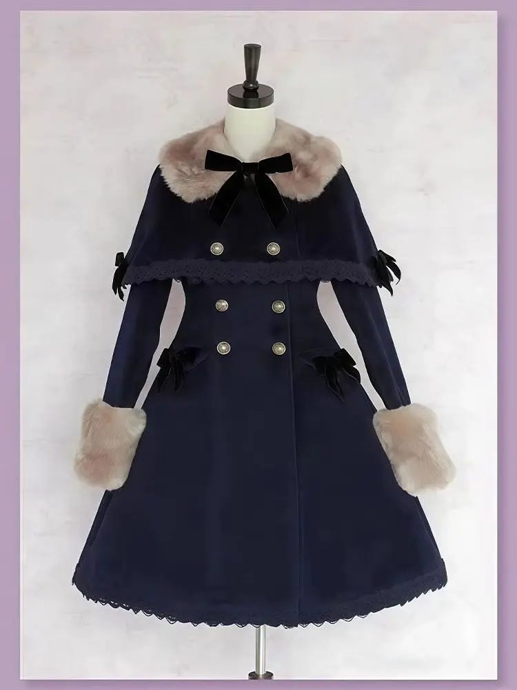 Japanese Retro Gothic Lolita 2-piece Set Elegant Sweet Collar Long Woolen Coat Bow Lace Edge Shawl Winter Holiday Party Cos Coat