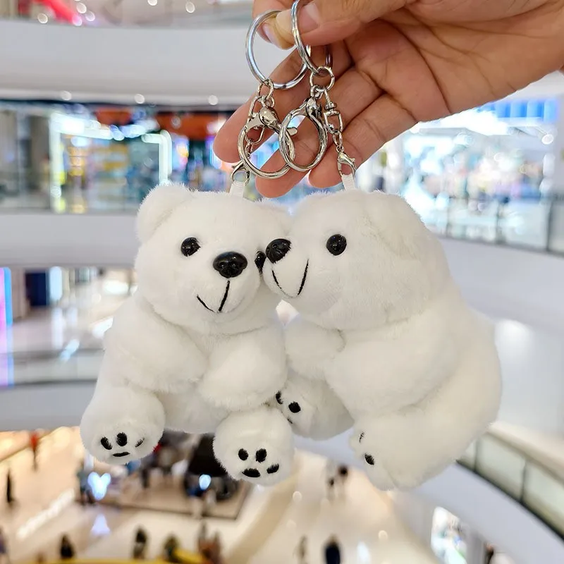 Bonito urso branco boneca de pelúcia brinquedo chaveiro pingente dos desenhos animados animal gordo neve urso polar carro chaveiro saco pingente amantes presentes femininos