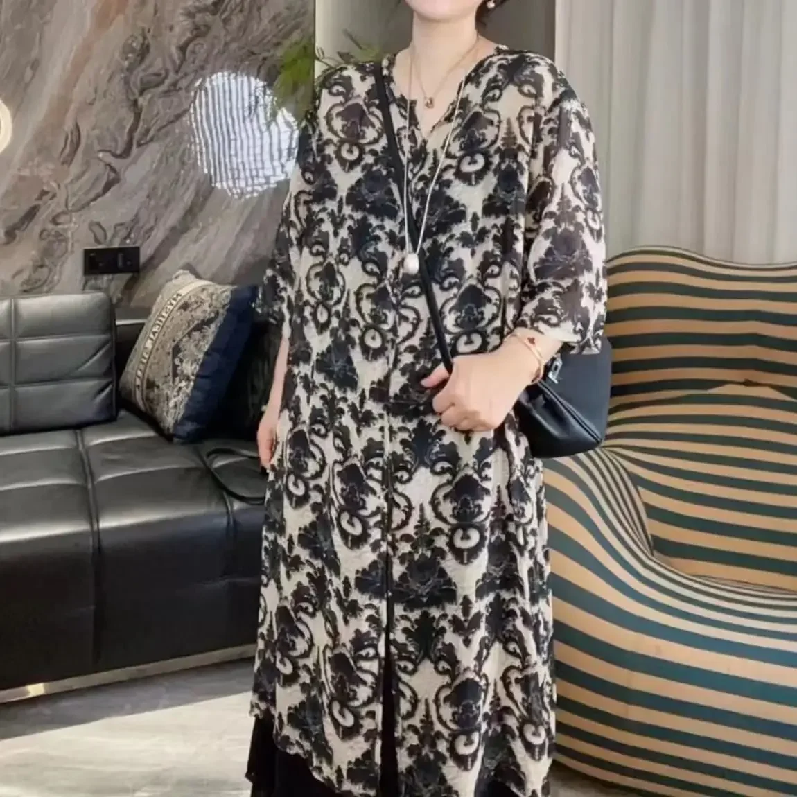 Camisa de gasa con estampado floral, estilo francés, manga larga holgada de verano