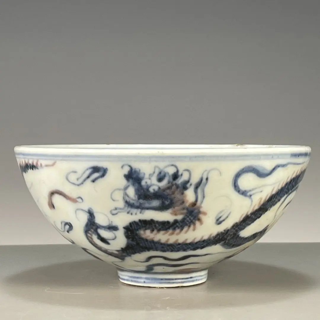 Underglaze Blue & Red Dragon Pattern Porcelain Bowl Chinese Collectible Cultural Play Ceramic Bowl