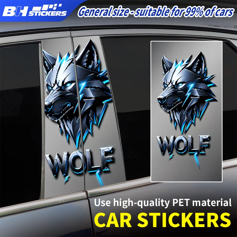 

Cool Cyberpunk Wolf Blue Lightning Car Door Pillar Sticker Vinyl Decals Window Center Post Scratch-Resistant Auto Styling 2Pcs