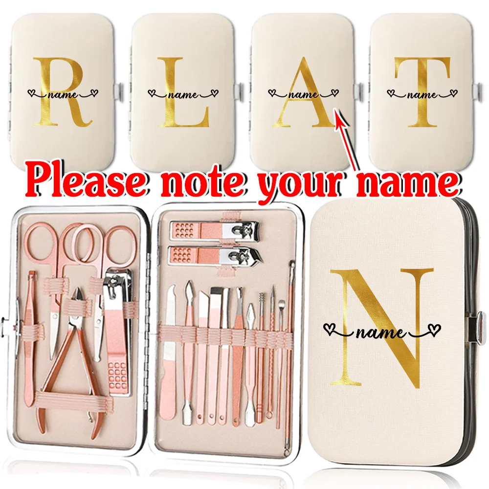 

Customized Name 18Pcs Manicure Set Stainless Steel Pedicure Kit Portable Nail Clippers Organizer Grooming Box Travel Clean Tools