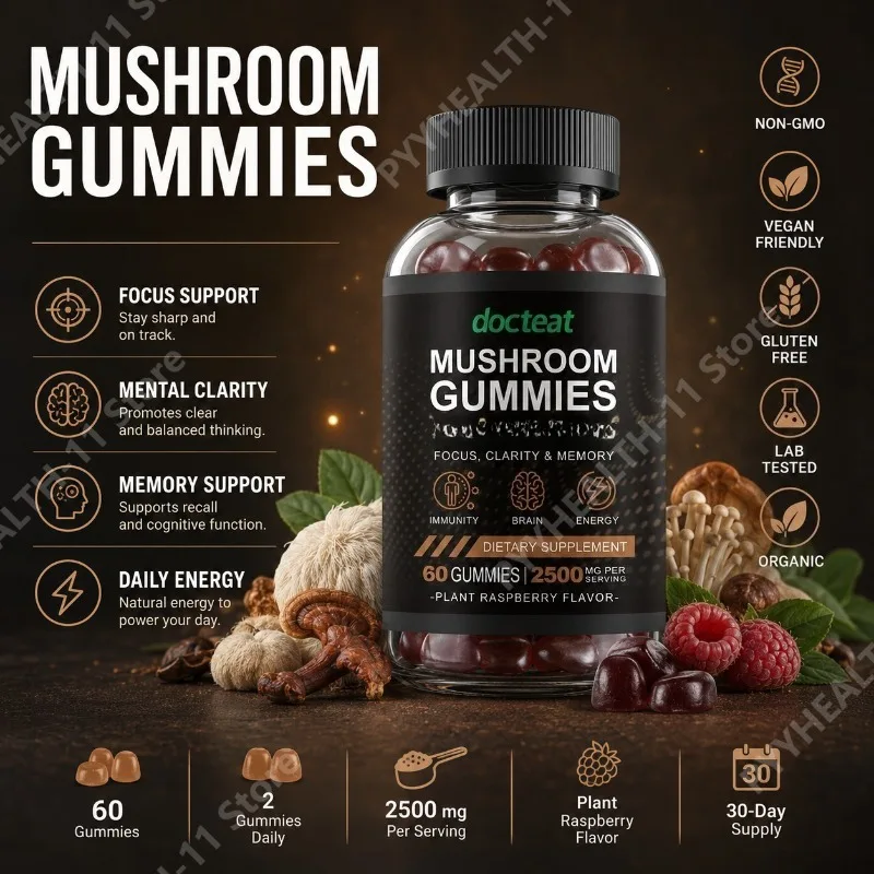 Mushroom Blend Gummies 2500mg Per Serving Raspberry Flavor, Easy Chew Daily Wellness Supplement for Adults 60 Count
