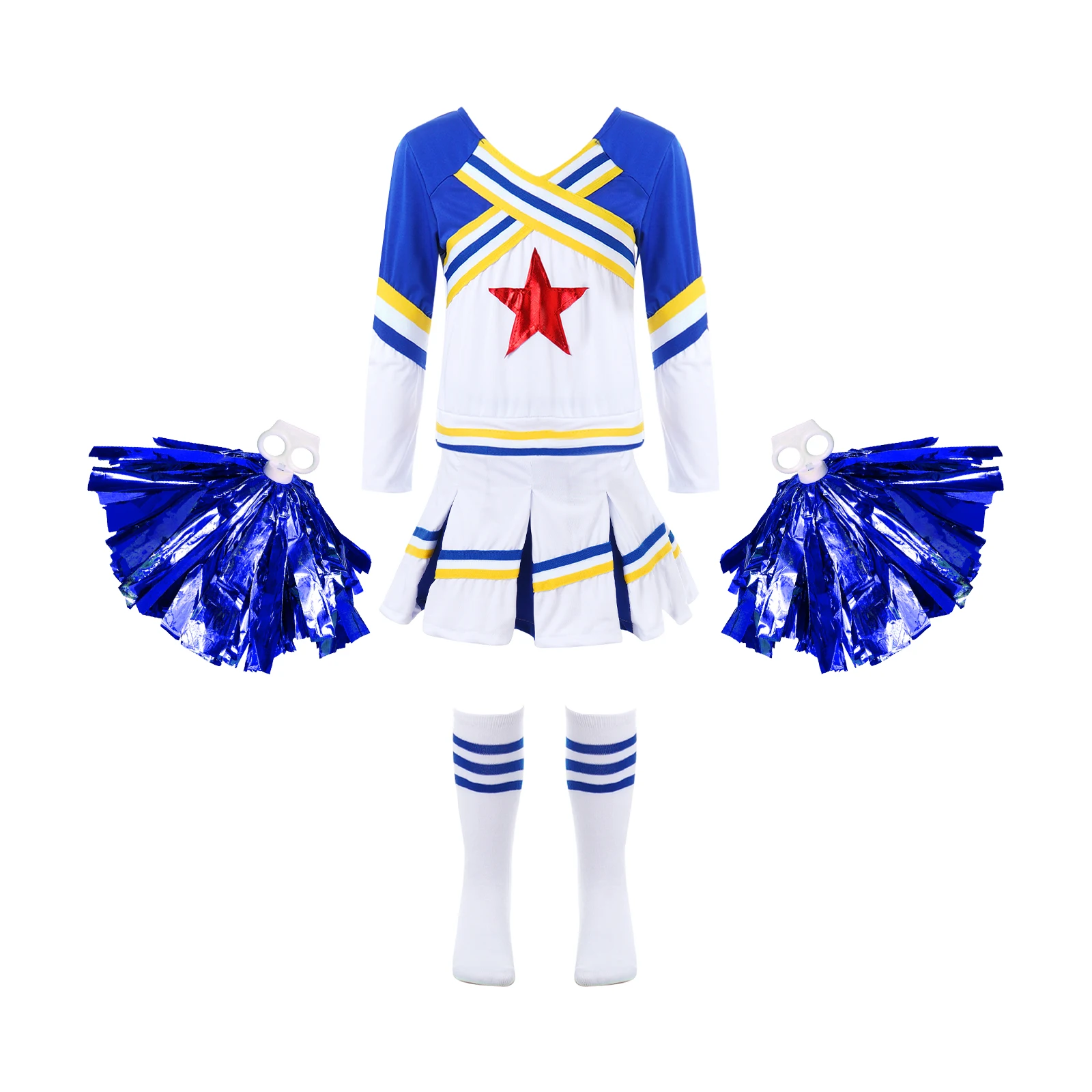 

Kids Girls Cheerleading Dance Competition Costume Cheerleader Uniforms Performance Outfits Star Printed Tops Skirt Socks Flower