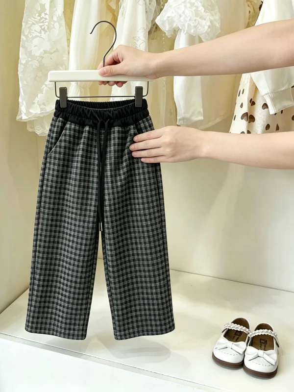 Girls Plaid Straight Leg Pants High Waist Loose Casual Trousers Autumn Fashionable Base Layer Pants Korean Style Long Pants