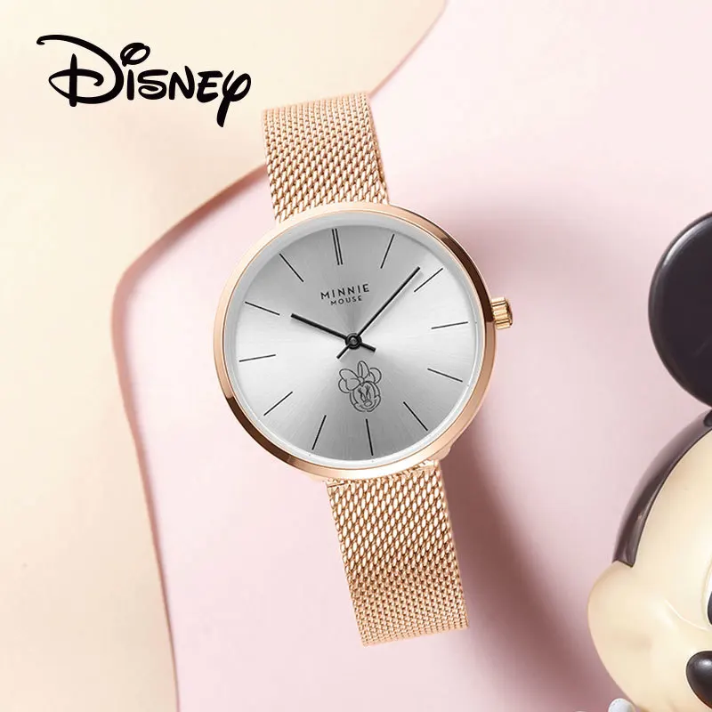 Disney Mickey Mouse Woman Quartz Wristwatch Young Lady Fashion Steel Classic Dress Watch Crystal New Girl Lover Couple Wristband
