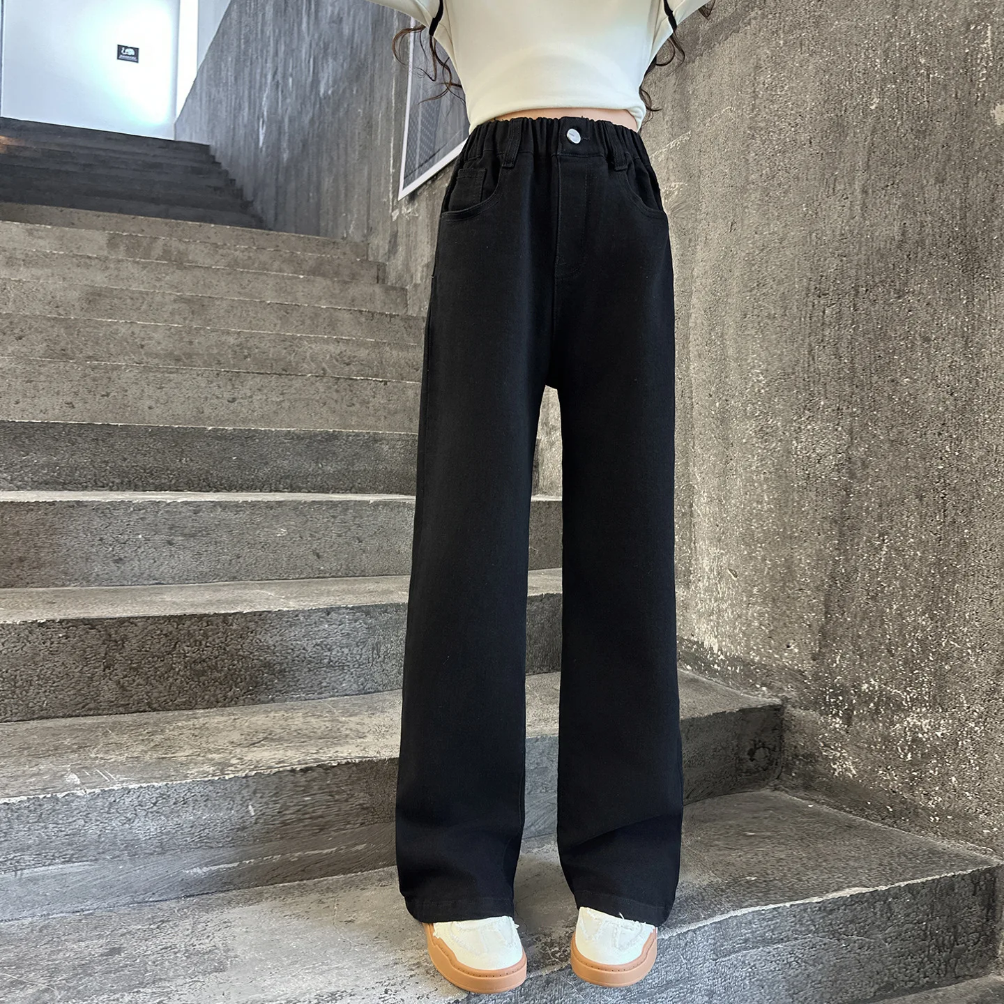 

Junior Girls Pant Autumn School Girls Heart Printed Pocket Bootcut Jean Teenager Girls Mid Waist Solid Versatile Trousers