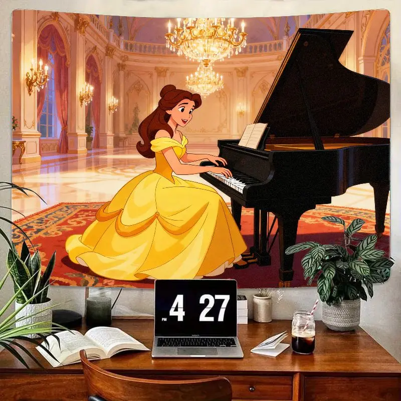 

1 шт., гобелен Disney Princess Belle Playing Piano, настенное искусство «Красавица и чудовище», элегантный современный декор из полиэстера для спальни, гостиной
