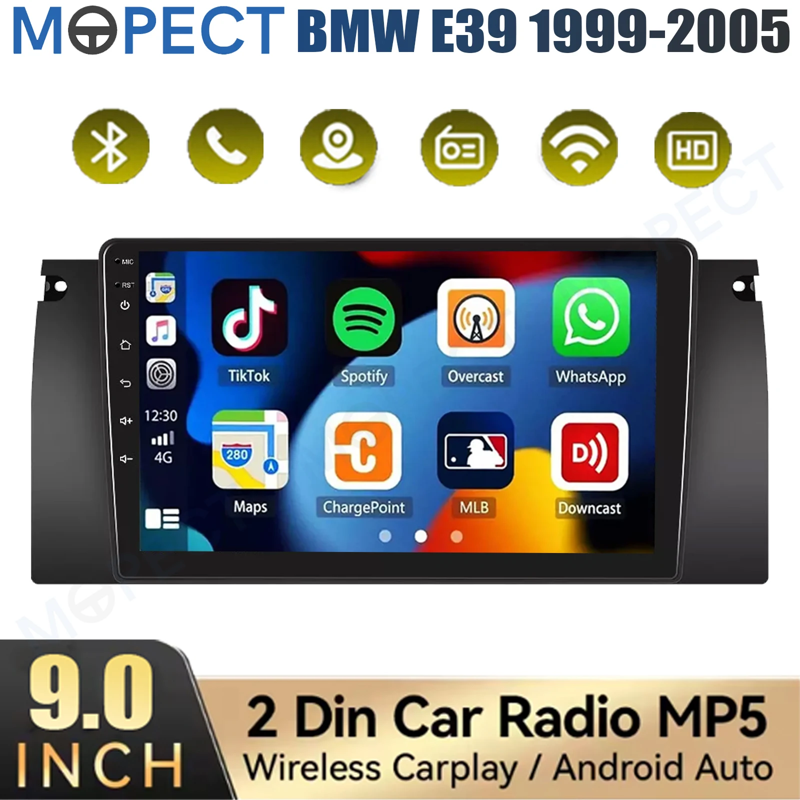 MOPECT 9" autoradio Android 15 4+64GB voor BMW 5-serie E39 7-serie E38 X5 E53 WiFi CarPlay GPS navigatie head unit AM/FM/BT+DAB&camera