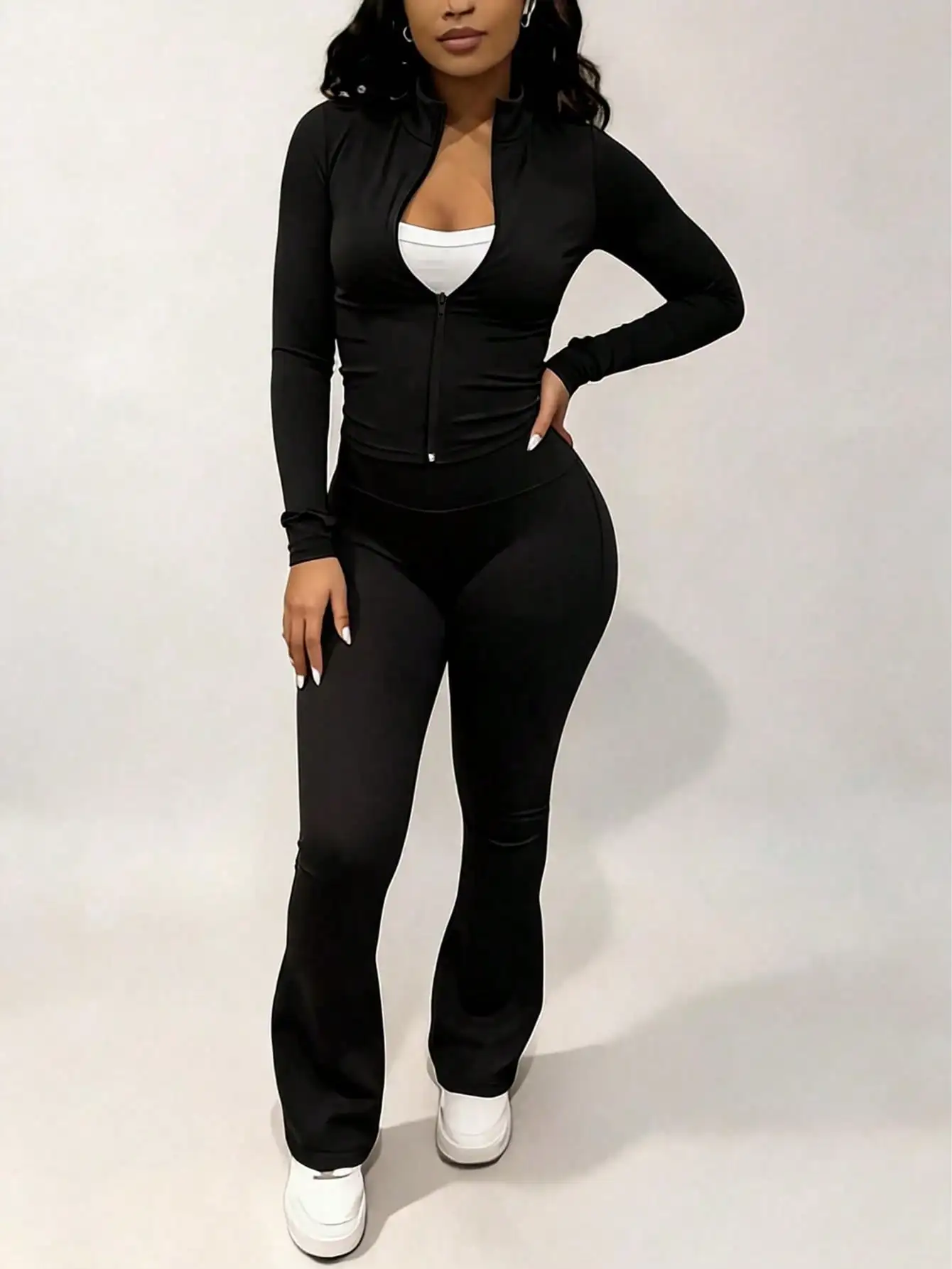 Women's Solid Color Two-Piece Sportswear Set, Full-Zip Stand Collar Long-Sleeve Cropped Top Jacket with High-Waisted Wide-Leg Yoga Pants, Slim-Fit Casual Sports Outfit, Suitable for Multiple Occasions, Including Sports