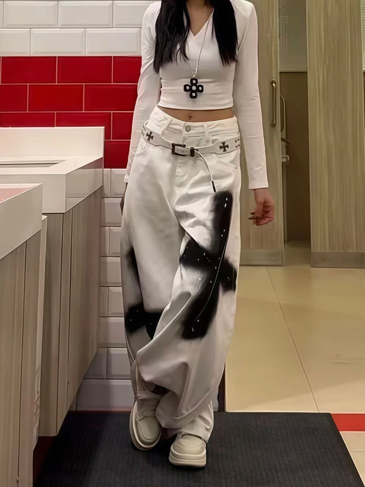 

American Vintage Printed White Jeans Women Loose Cross Graphic Long Pants Streetwear Sexy Denim Trousers Fashion Popular Clothes