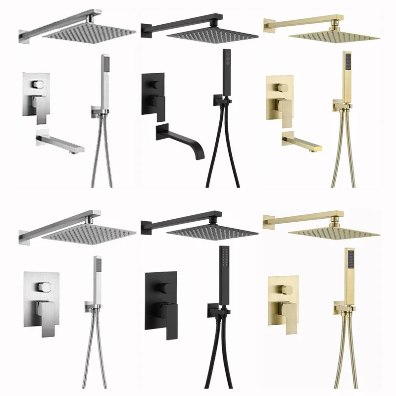 In-wall concealed shower mixer faucets black rainfall rain shower system set Bath & Shower Faucets