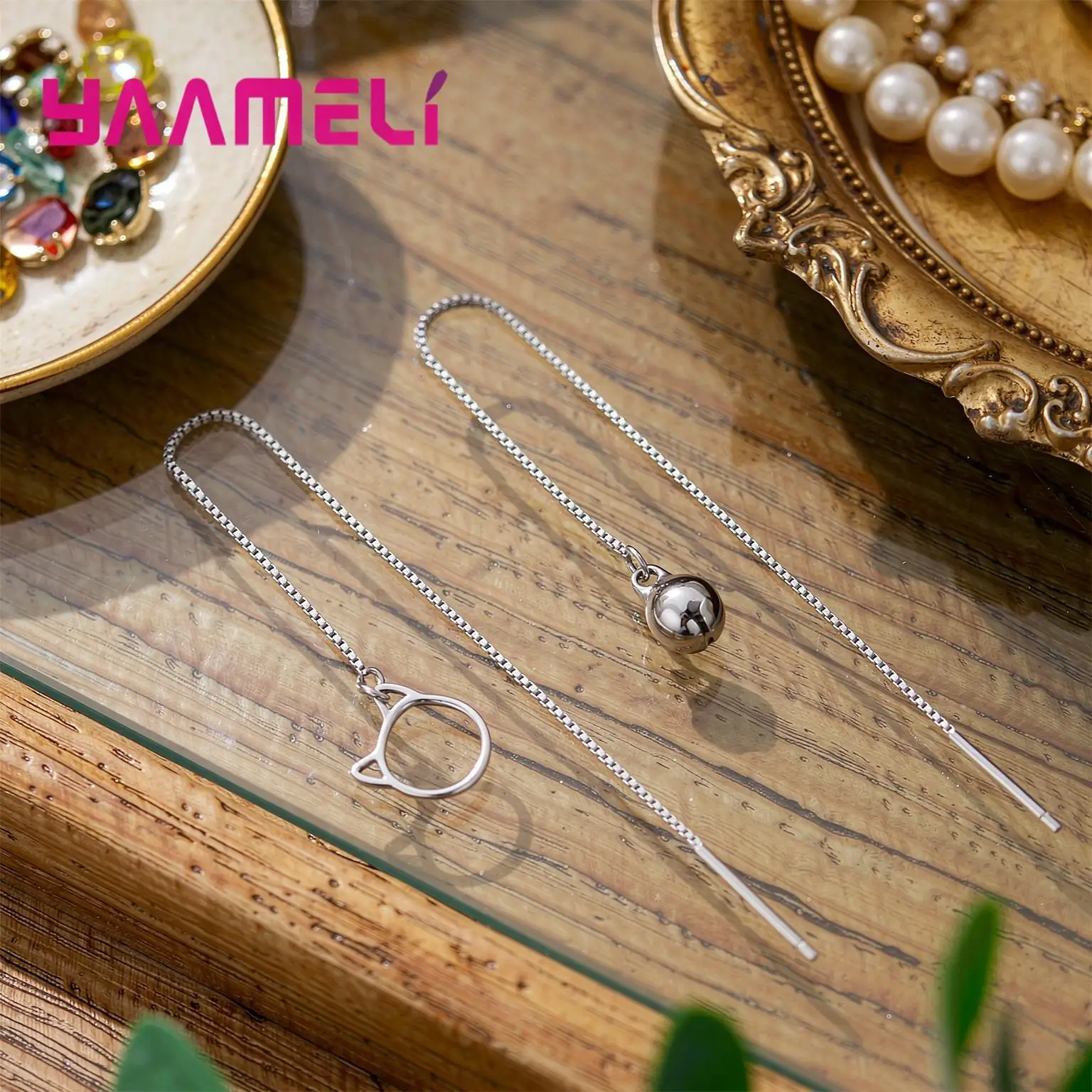 Cute 925 Sterling Silver Asymmetric Cat and Bell Long Thread Drop Earrings for Women Girls Wedding Party Fashion Jewelry Gifts