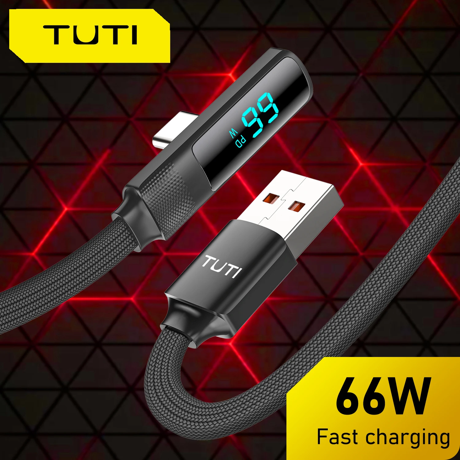 Right Angle USB A to USB C Charging Cable, Charging Cable, Gaming Design, LED Display Connectors for Phone, Tablets, TUTI 66W