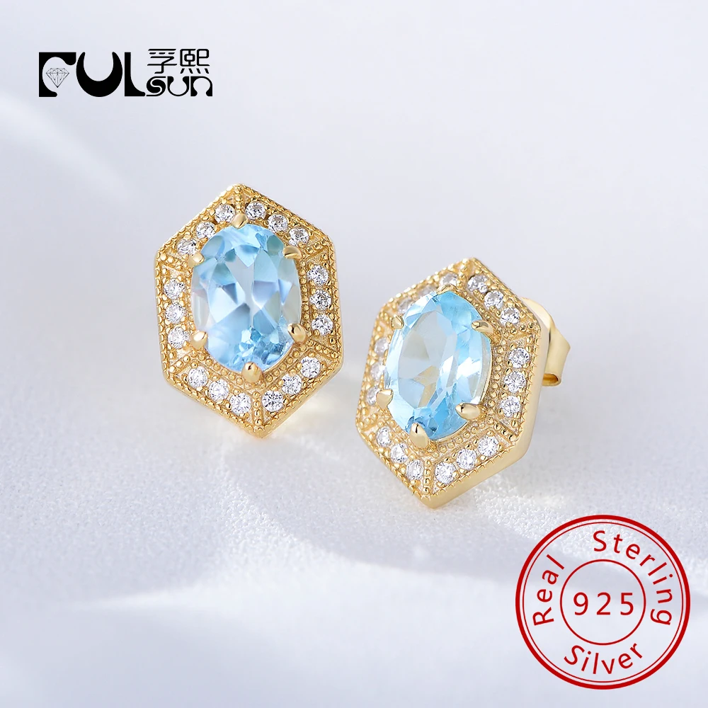 

Ювелирные изделия из стерлингового серебра 925 пробы, современный дизайн, роскошные позолоченные серьги с небесно-голубым топазом 14 карат