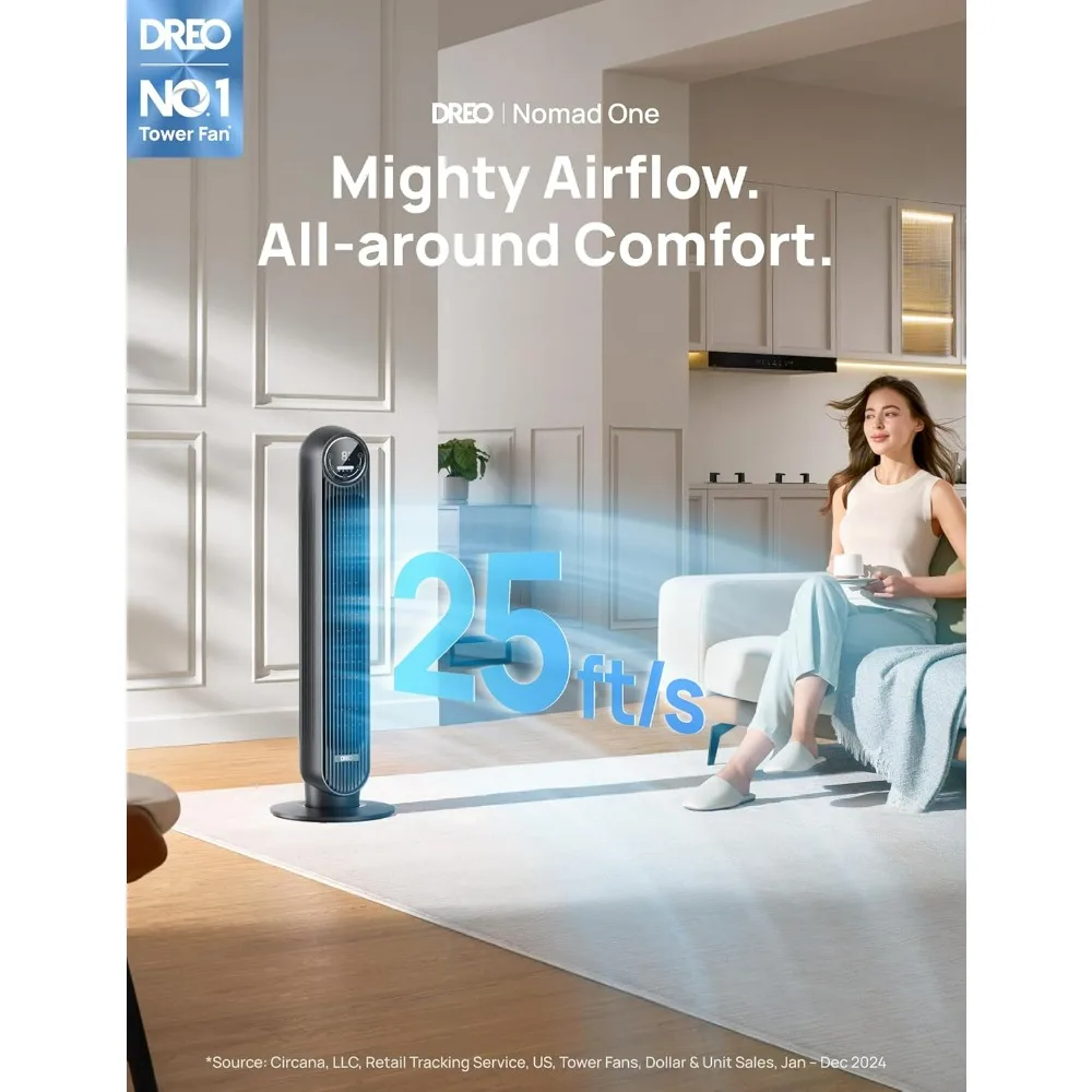 Dreo Tower Fan for Bedroom 25ft/s Velocity Quiet Floor Fan, 90° Oscillating Fans for Indoors with 4 Speeds, 4 Modes, 8H Timer