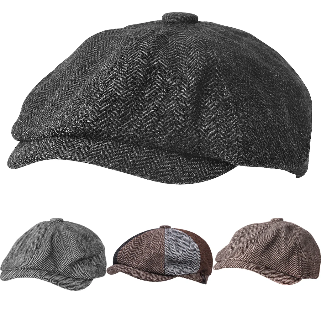 Vintage Men Tweed Hat Beret Herringbone Gatsby Hats Street Caps Peaked Octagonal Brim Caps Winter Spring British Berets