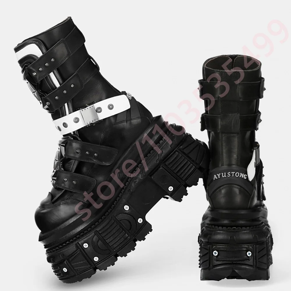 

2025 Punk Belt Buckle Rivet Motorcycle Boots New Thick Sole Street Rock Round Sports Casual Boots 35-45 Fashion Party Short Boot