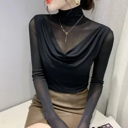 #8412 Spring Autumn Turtleneck T Shirt Women Solid Color Skinny Women's T-shirt Mesh Sleeve False Two Piece T Shirt Korean Style