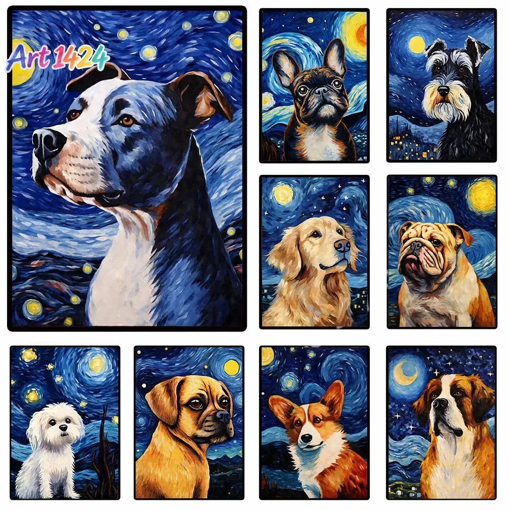 Starry Night Animal Canvas Painting Puggle Dog Starry Night Poster Wall Art Pet Dog Poster Prints Bulldog Labradoodle Home De