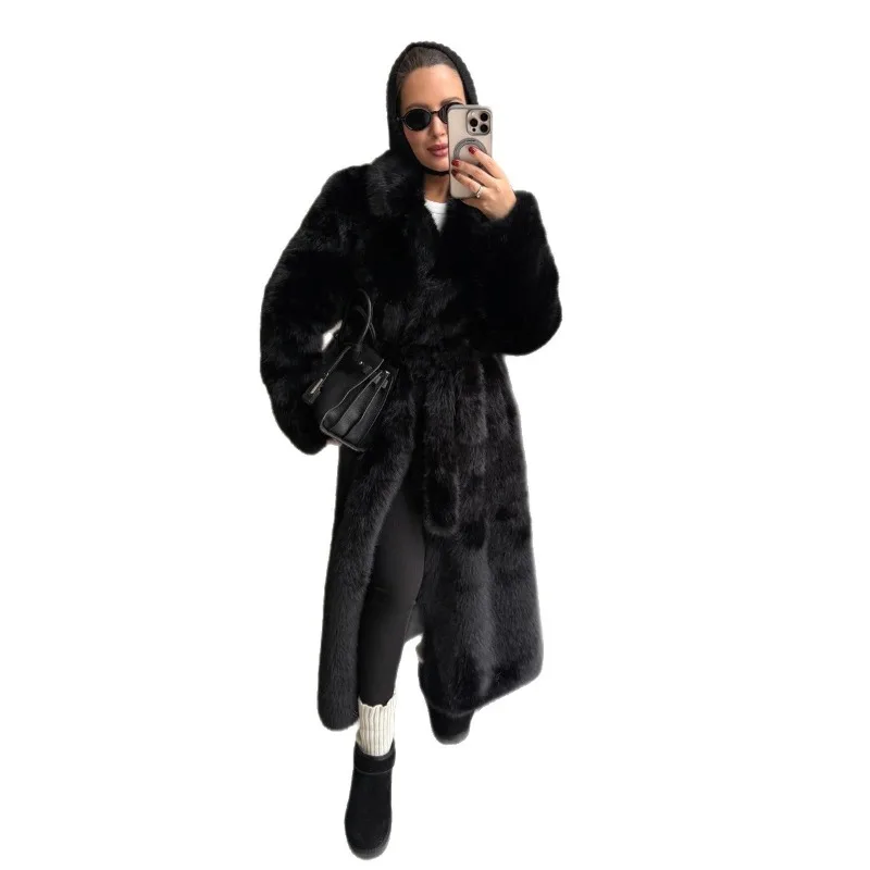 

Shpmishal American Fashion Belt Thickened Warm Fur Jacket Environmentally Friendly Faux Fur Long Coat Female Clothing
