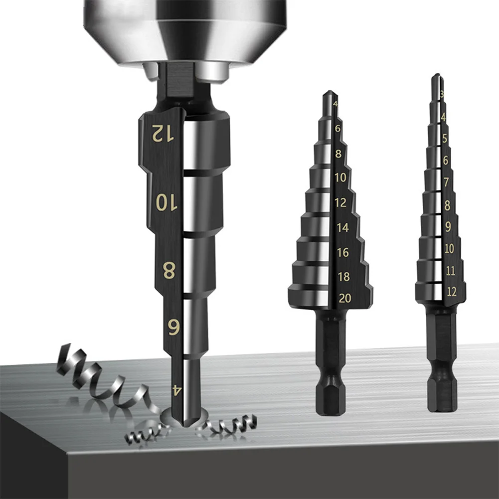 HSS Straight Groove Step Drill Bit 3-12mm 4-12mm 4-20mm Nitride Coated Hex Shank For Wood Metal Hole Cutter Drilling Tools