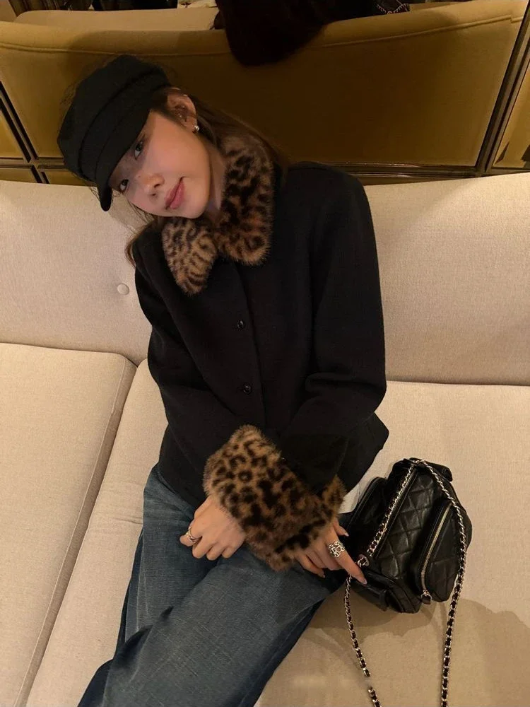 Vintage Fur Patchwork Leopard Korean Women Coat Y2K Punk Aesthetic Turn Down Collar Casual Streetwear Daily Wear Jackets Femme