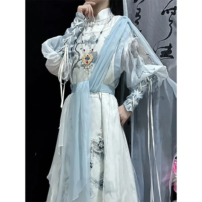 Youth White Horse Drunken Spring Breeze Hanfu Fengjiu Shirt Improved Han Elements Round Neck Robe Summer Men's and Women's