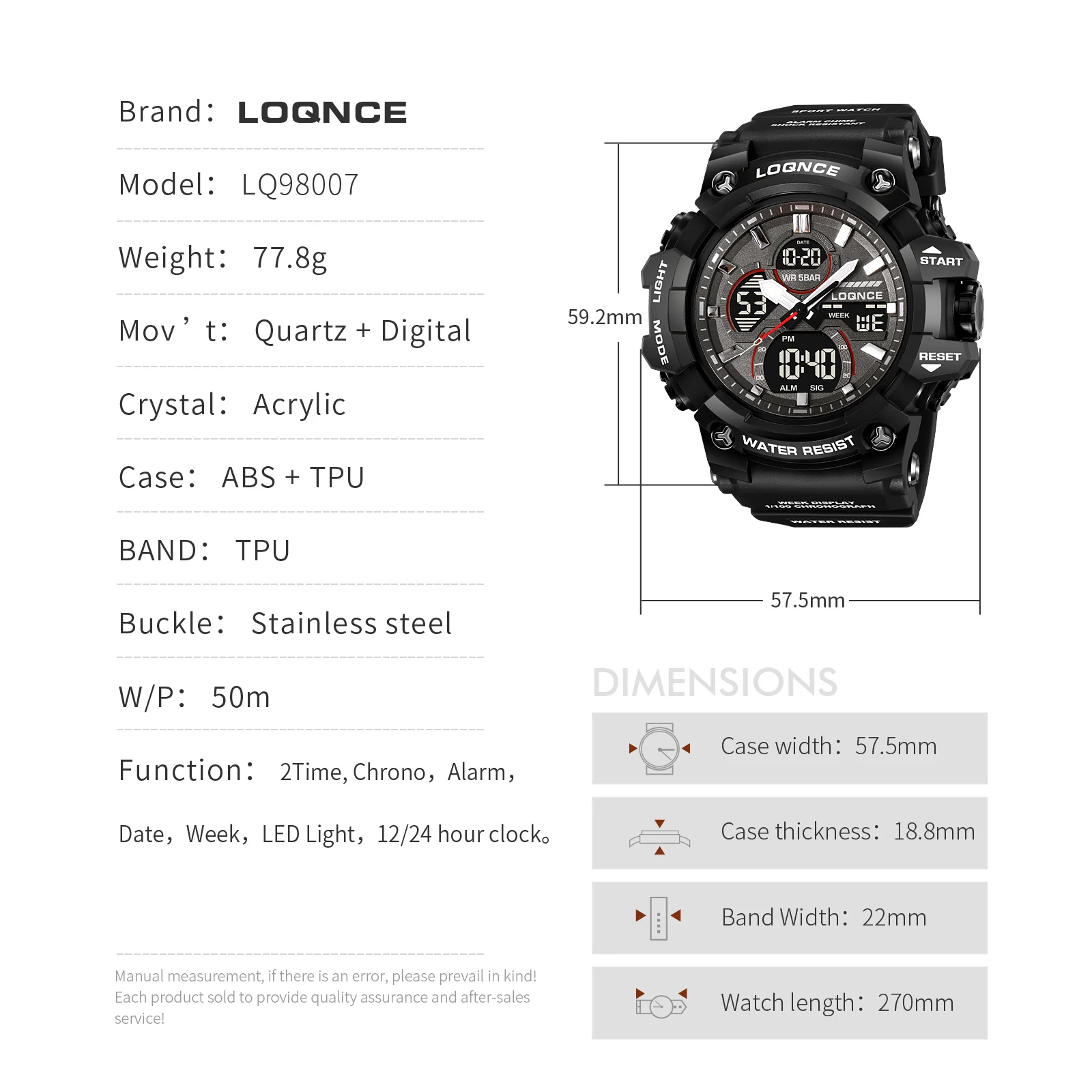 Mode LOQNCE 98007 Mannelijke montre homme Uur Sport Horloges Digitale Chronograaf Horloge Heren LED Chrono Week Horloges