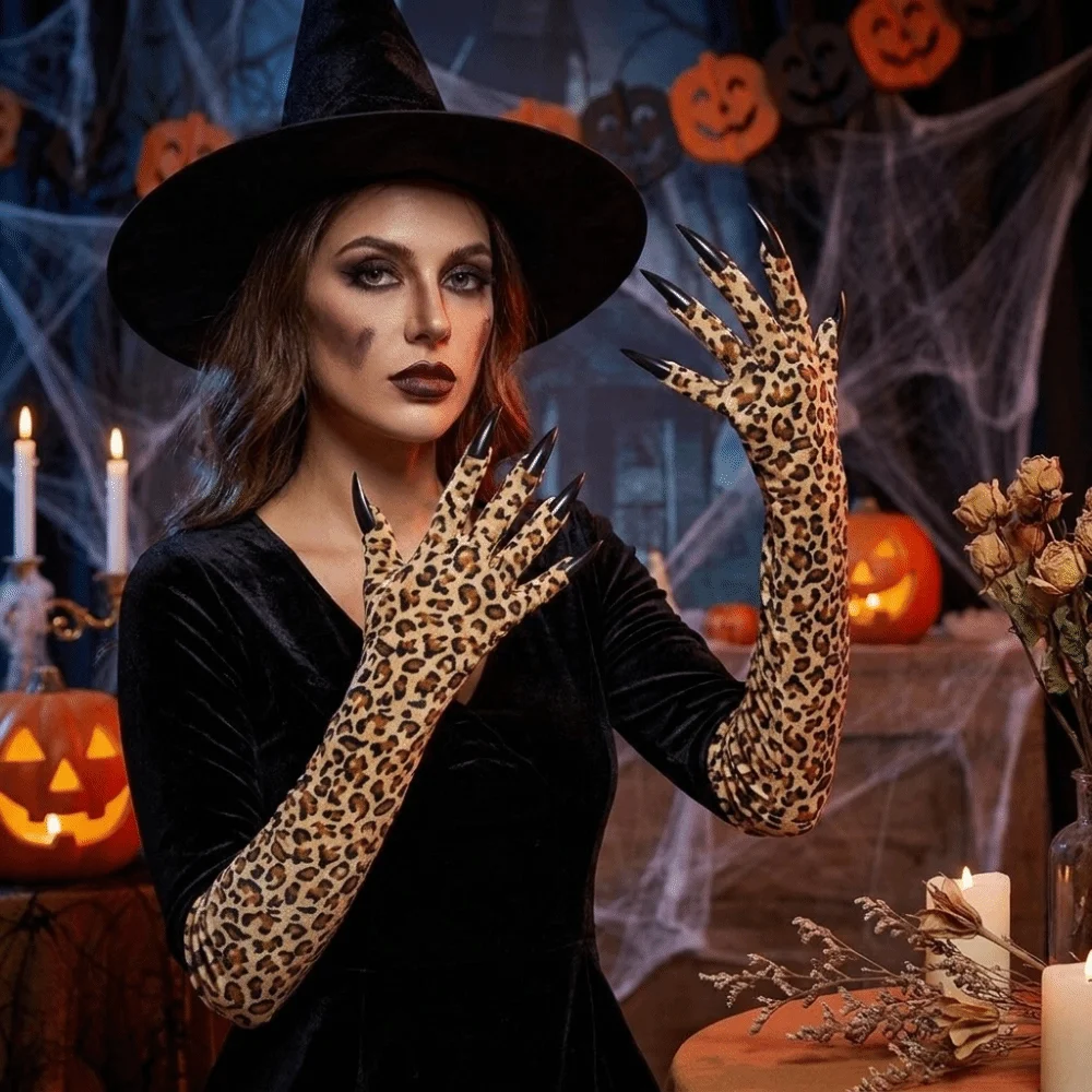 Dress Up Gloves Long Sleeve Leopard Pattern Gloves Personality Stretchy Ghost Claw Mittens Creative Stretch Cosplay Gloves Party
