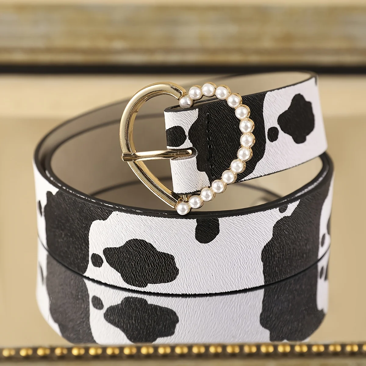 1 Women's Cow Pattern Love Pearl PU Belt Bohemian Style Belt Fashion Trend Clothing Shopping Essential Travel Preferred Suitable