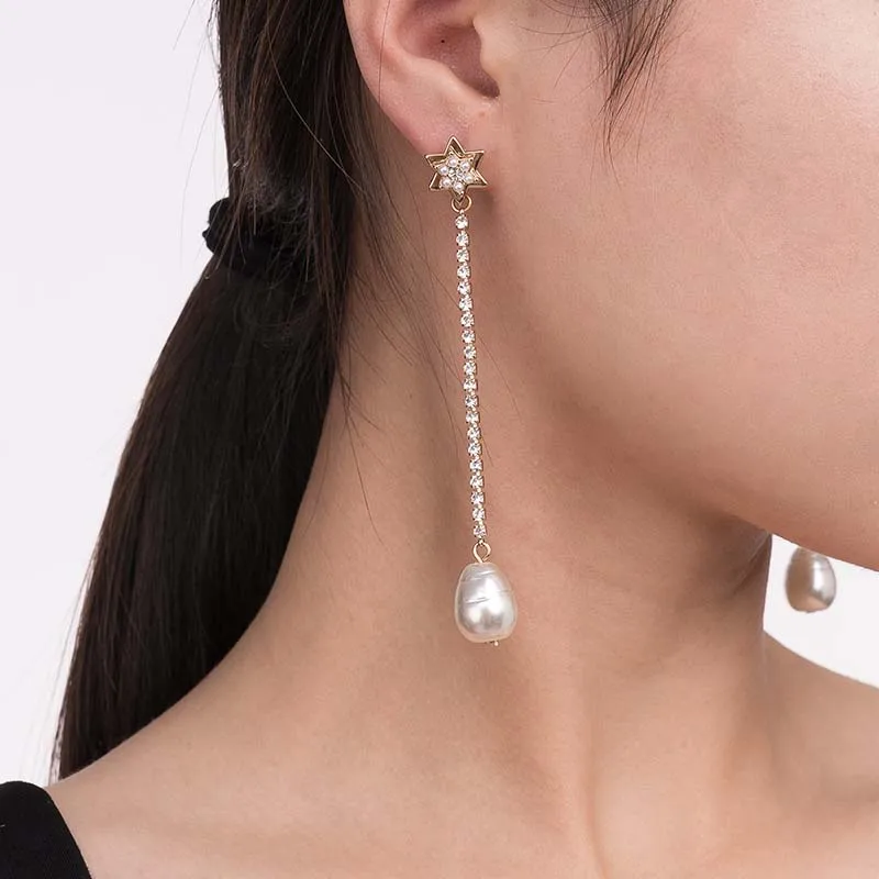Inlaid Zircon Starry Pearl Pendant Earrings Simple Chain Tassel Temperament Fashionable Exquisite Long Super Immortal Beautiful