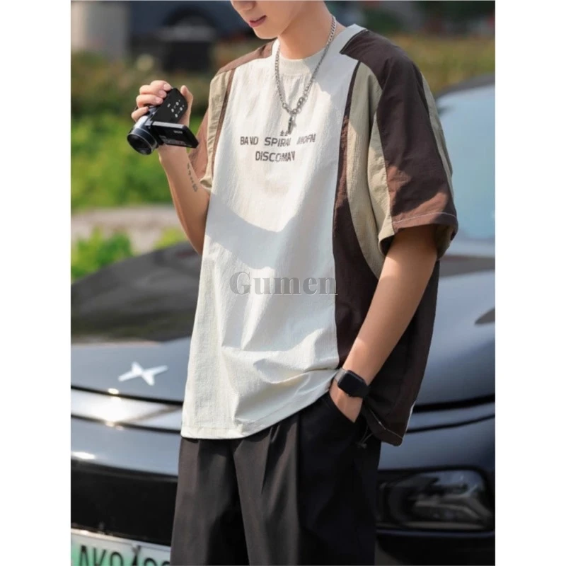 Men's Thin INS Trendy Top Street Style Crew Neck Tee Quick Dry Loose Fit Summer Color Blocking Short Sleeve Blue Casual T-Shirt
