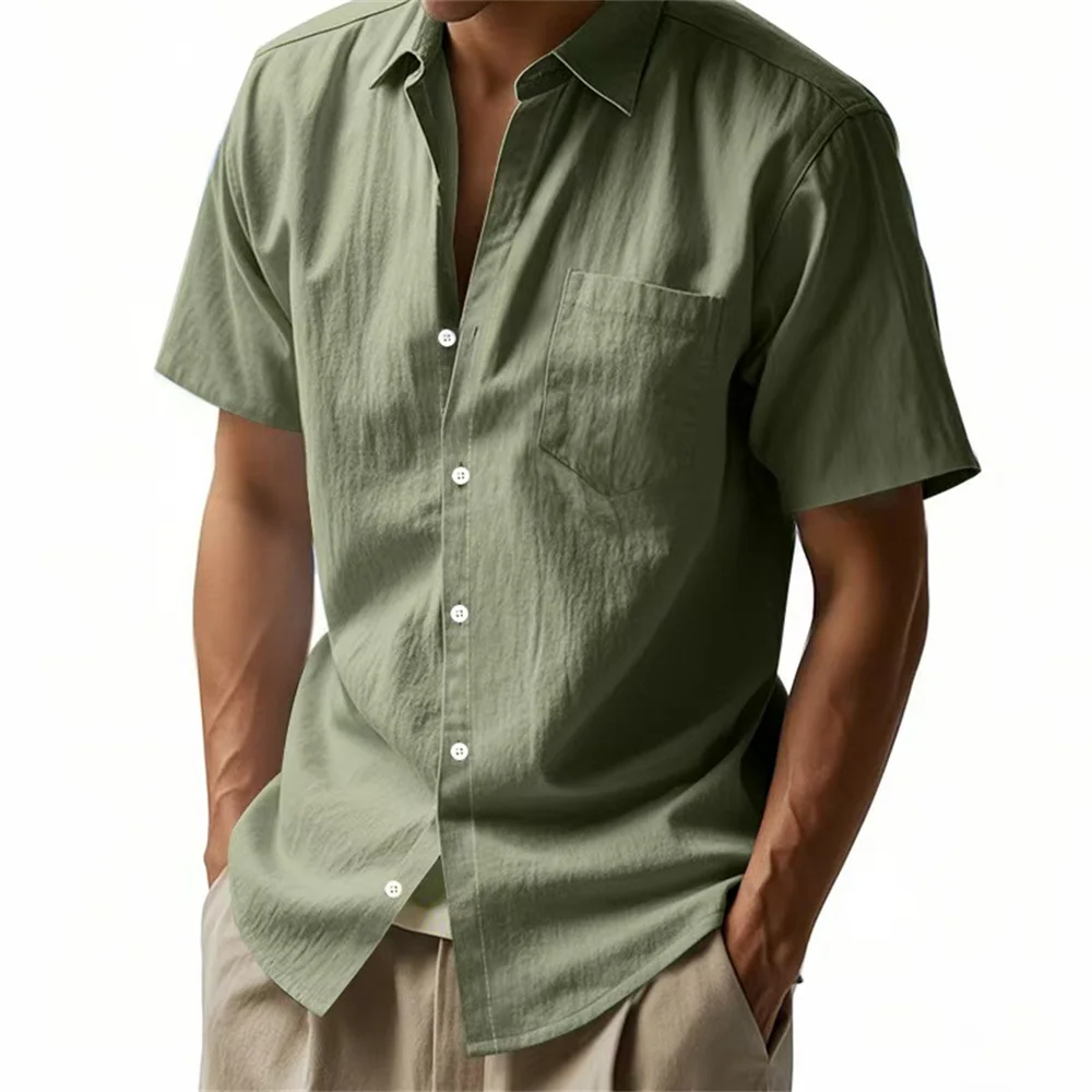 New summer solid color linen lapel short-sleeve shirt for men, loose casual pocket American style fashion shirt