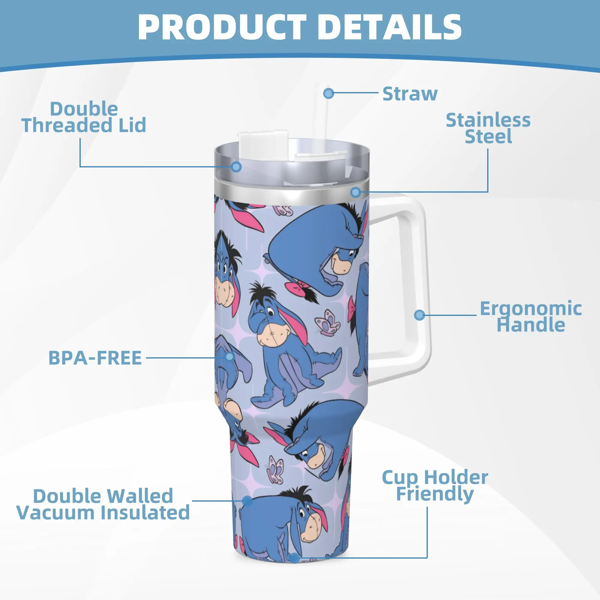 Winnie The Poohs Bicchiere in acciaio inossidabile Tazza da caffè da campeggio con cannucce e coperchio Tazze per auto da 40 once Bottiglia di acqua calda e fredda