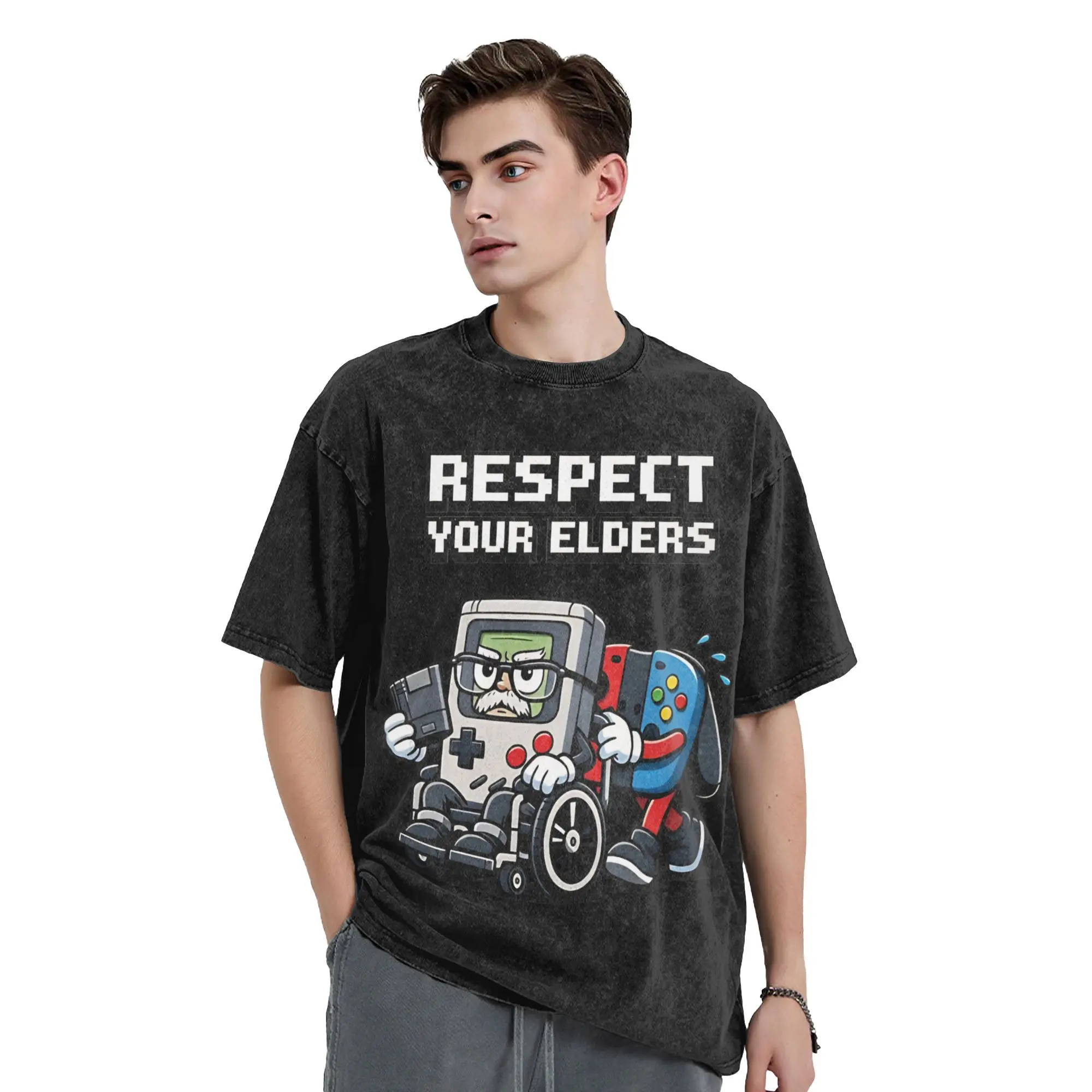 Funny Respect Your Elders  Vintage Washed Tshirt Unisex Crewneck Tops Shirts Gaming Control  100%Cotton Summer Clothes