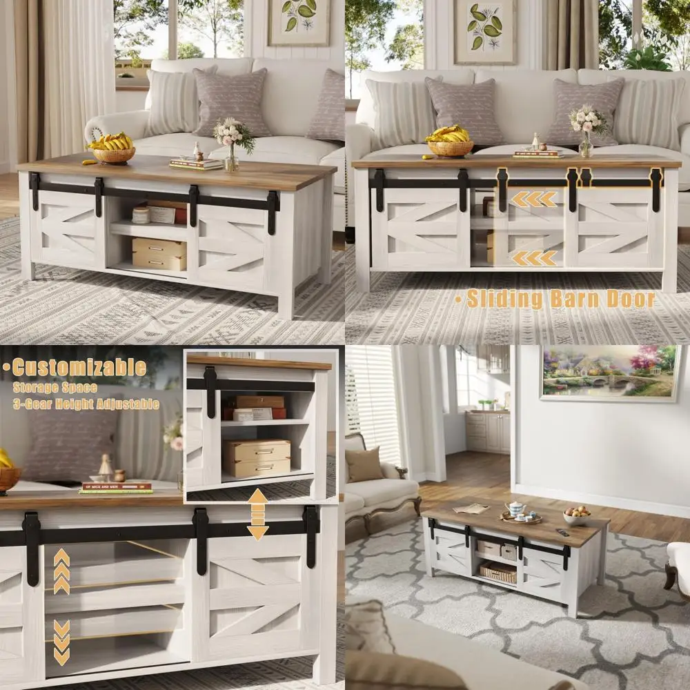 

Журнальный столик с раздвижными дверцами для хранения и ячейки, стол для гостиной в фермерском доме с регулируемыми полками, деревянный центральный стол в деревенском стиле.