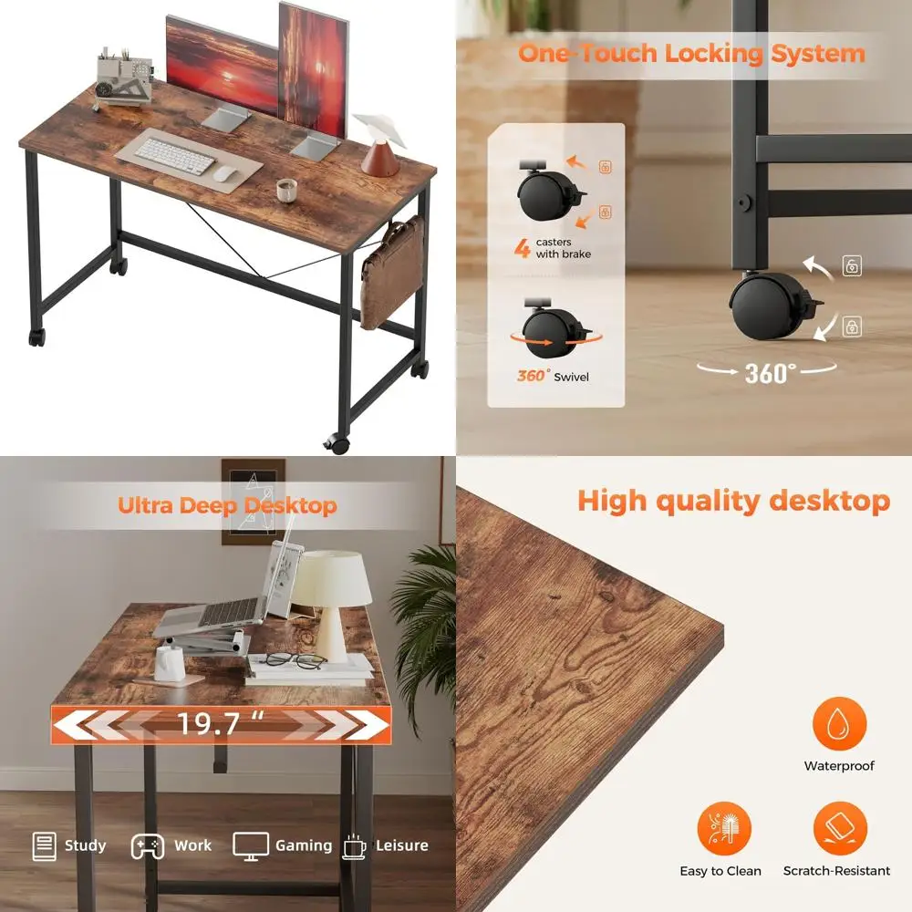 

Compact Rolling Gaming Desk with Wheels, Modern Style Home Office Furniture for Small Spaces and Study Needs