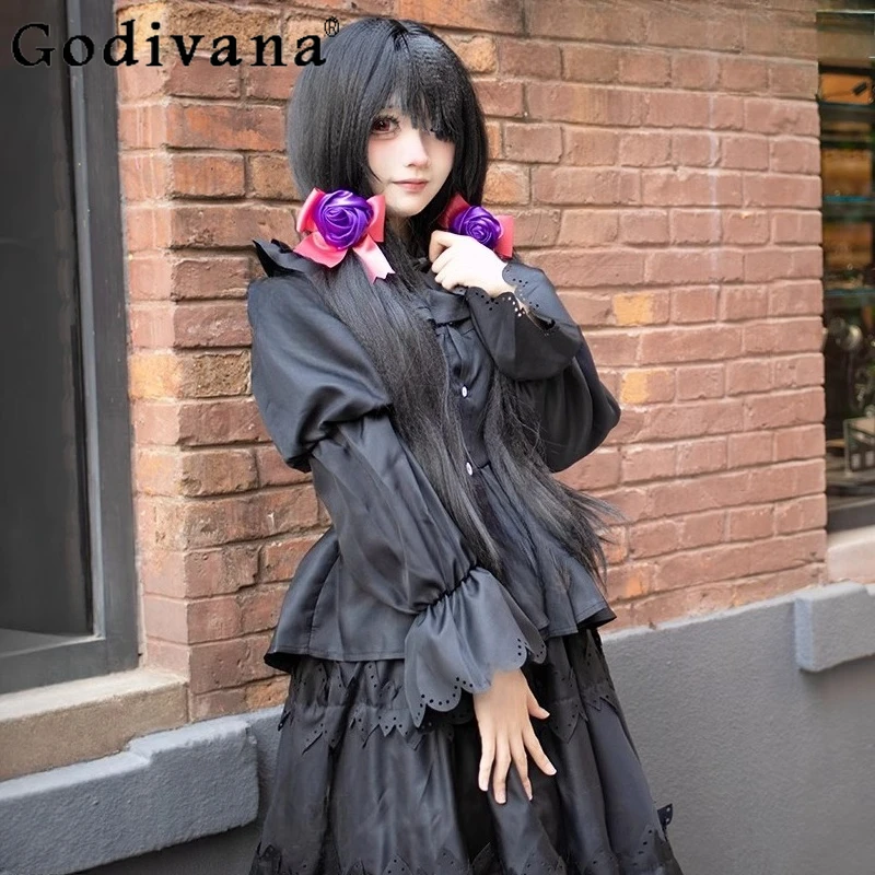 أزياء تنكرية سوداء مجموعة كاملة للنساء أنيمي تاريخ لايف توكيساكي كورومي تنورة دعوى أنثى لطيف لوليتا موحدة تنورة وتتسابق