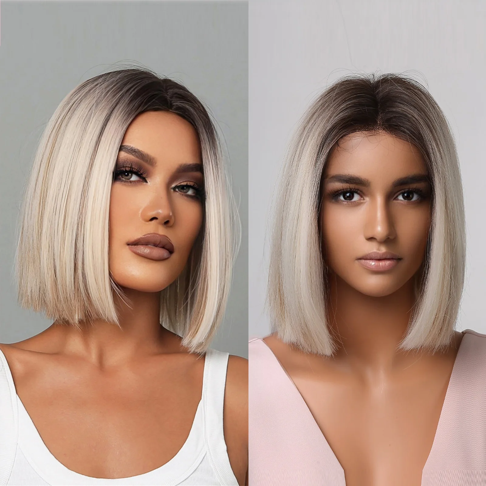 

European and American women's wigs, gradient short hair full headpiece, neck-length synthetic medium-length wig, hair fiber