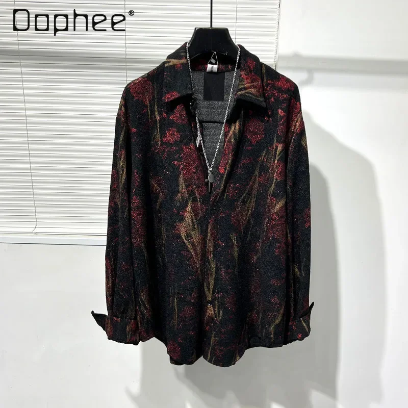 

Irregular Sequined Shirt Floral Print Men and Women Single-breasted Long Sleeve Lapel Blouse Street Fashion Spring Autumn